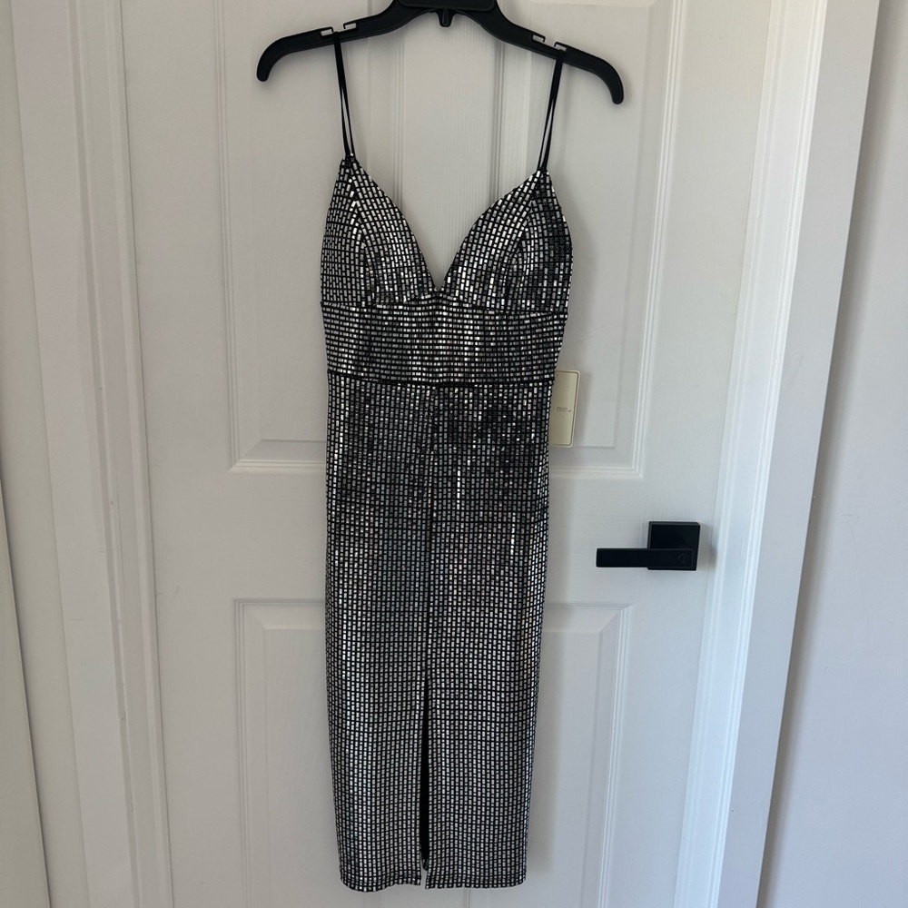 Just Me NWT Dress BodyCon Midi Silver Mirrored Metallic Night Out Las Vegas